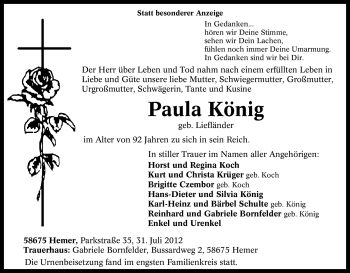 Traueranzeige von Paula König von Tageszeitung