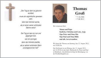 Traueranzeige von Thomas Groß von Tageszeitung