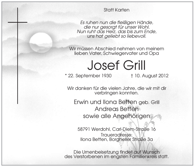  Traueranzeige für Josef Grill vom 13.08.2012 aus Tageszeitung
