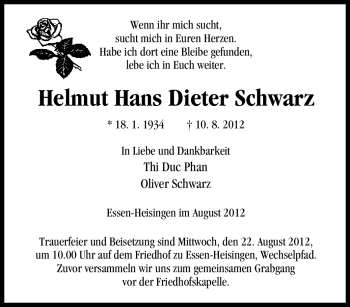 Traueranzeige von Helmut Hans Dieter Schwarz von Tageszeitung