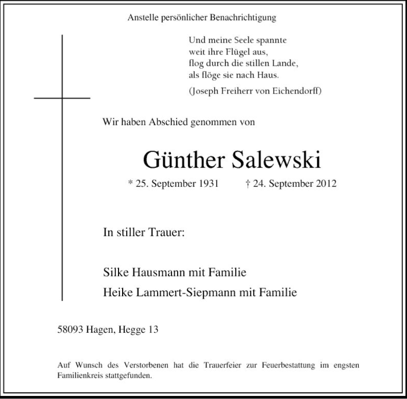 Traueranzeigen von Günther Salewski TrauerinNRW.de