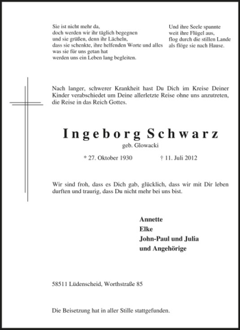 Traueranzeige von Ingeborg Schwarz von Tageszeitung