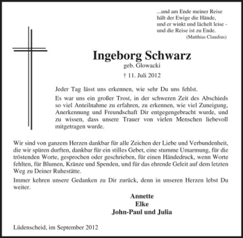 Traueranzeige von Ingeborg Schwarz von Tageszeitung