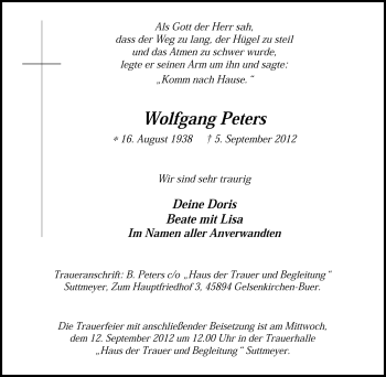 Traueranzeige von Wolfgang Peters von Tageszeitung