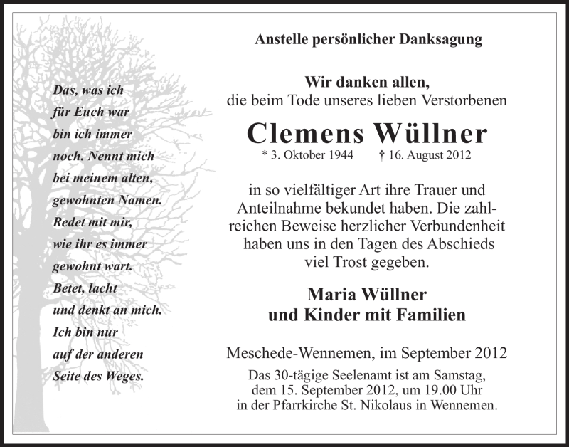  Traueranzeige für Clemens Wüllner vom 10.09.2012 aus Tageszeitung