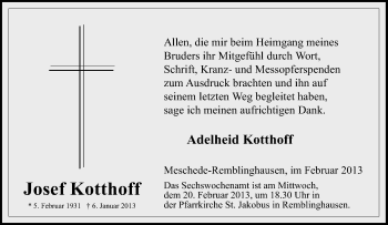 Traueranzeige von Josef  Kotthoff-Donner von Tageszeitung