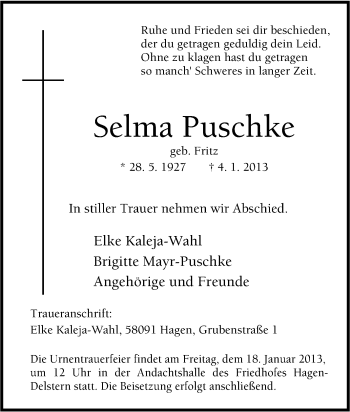 Traueranzeige von Selma Puschke von Tageszeitung