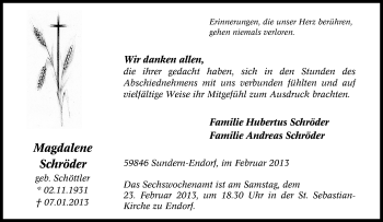 Traueranzeige von Magdalene Schröder von Tageszeitung