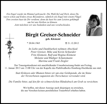 Traueranzeige von Birgit Greiser-Schneider von Tageszeitung