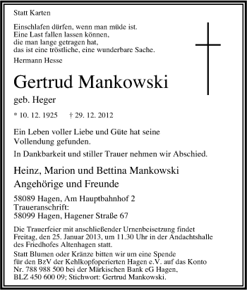 Traueranzeige von Gertrud Mankowski von Tageszeitung
