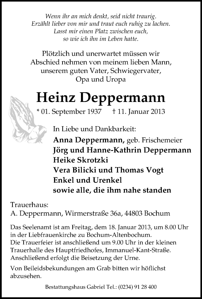  Traueranzeige für Heinz Deppermann vom 15.01.2013 aus Tageszeitung