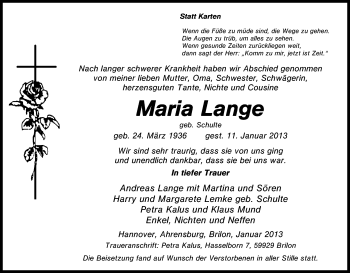 Traueranzeige von Maria Lange von Tageszeitung