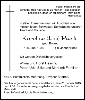 Traueranzeige von Karoline Puzik von Tageszeitung