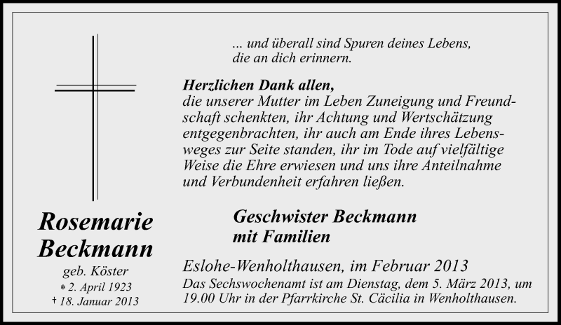  Traueranzeige für Rosemarie Beckmann vom 19.01.2013 aus Tageszeitung