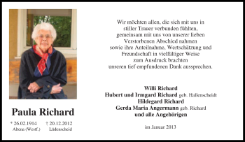 Traueranzeige von Paula Richard von Tageszeitung