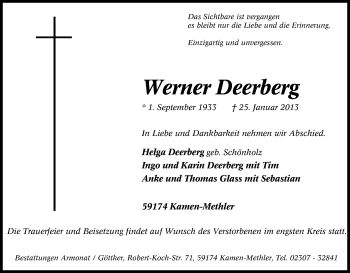 Traueranzeige von Werner Deerberg von Tageszeitung