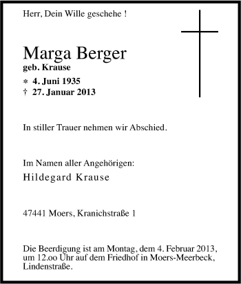 Traueranzeige von Marga Berger von Tageszeitung