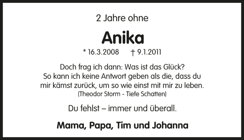  Traueranzeige für Anika Bergner vom 09.01.2013 aus Tageszeitung