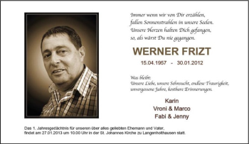 Traueranzeige von Werner Frizt von Tageszeitung