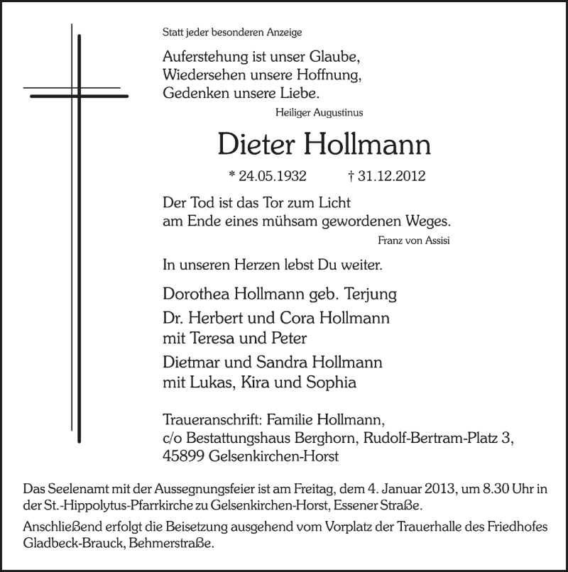  Traueranzeige für Dieter Hollmann vom 03.01.2013 aus Tageszeitung
