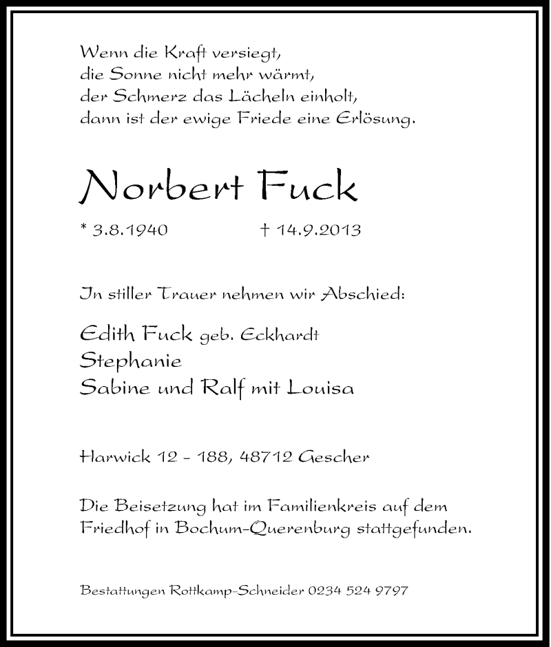  Traueranzeige für Norbert Fuck vom 01.10.2013 aus Tageszeitung