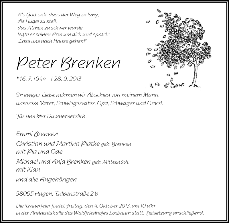  Traueranzeige für Peter Brenken vom 02.10.2013 aus Tageszeitung