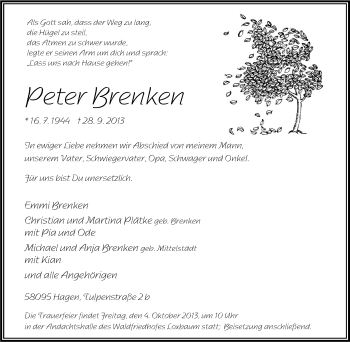 Traueranzeige von Peter Brenken von Tageszeitung