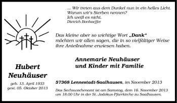 Traueranzeige von Hubert Neuhäuser von Tageszeitung
