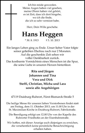 Traueranzeige von Hans Heggen von Tageszeitung