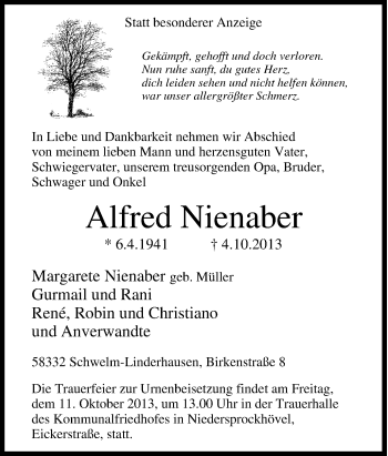 Traueranzeige von Alfred Nienaber von Tageszeitung