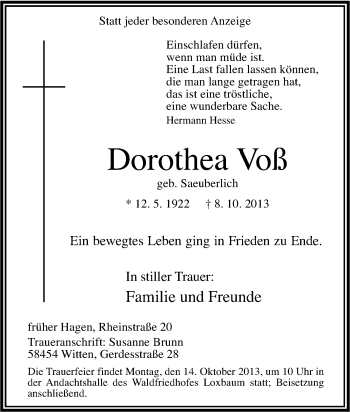 Traueranzeige von Dorothea Voß von Tageszeitung
