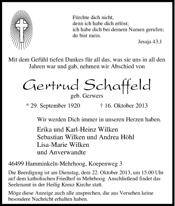 Traueranzeige von Gertrud Schaffeld von Tageszeitung