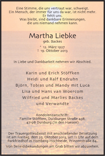 Traueranzeige von Martha Liebke von Tageszeitung