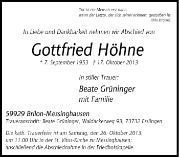 Traueranzeige von Gottfried Höhne von Tageszeitung