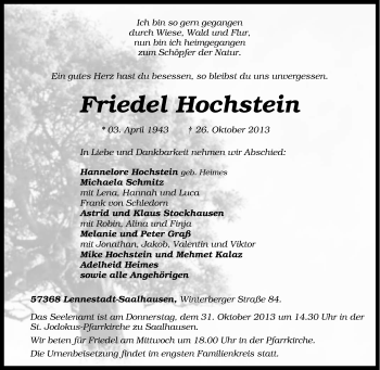 Traueranzeige von Friedel Hochstein von Tageszeitung