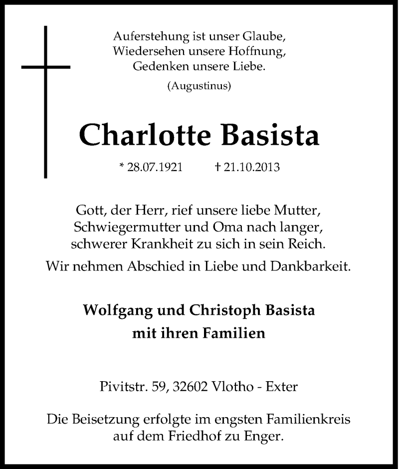  Traueranzeige für Charlotte Basista vom 30.10.2013 aus Tageszeitung