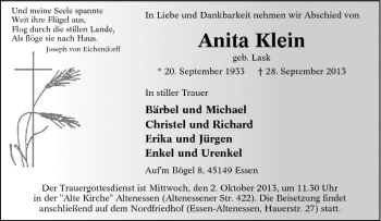 Traueranzeige von Anita Klein von Tageszeitung