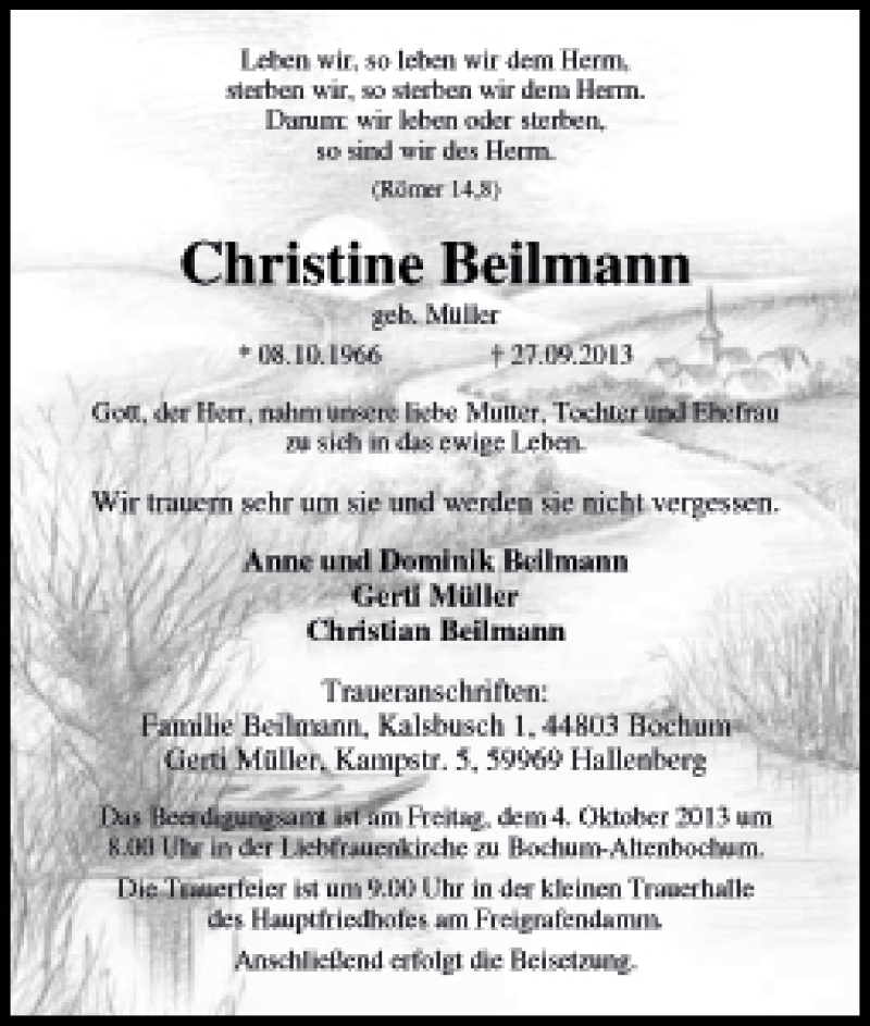  Traueranzeige für Christine Beilmann vom 01.10.2013 aus Tageszeitung