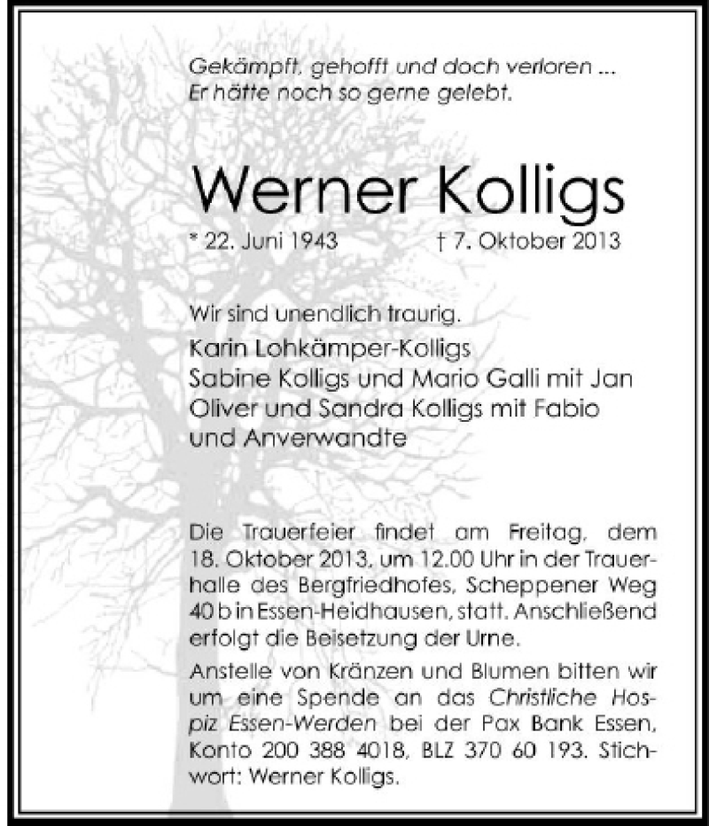  Traueranzeige für Werner Kolligs vom 12.10.2013 aus Tageszeitung