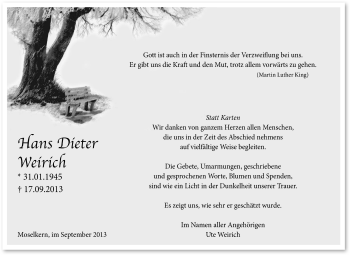 Traueranzeige von Hans Dieter Weirich von Tageszeitung