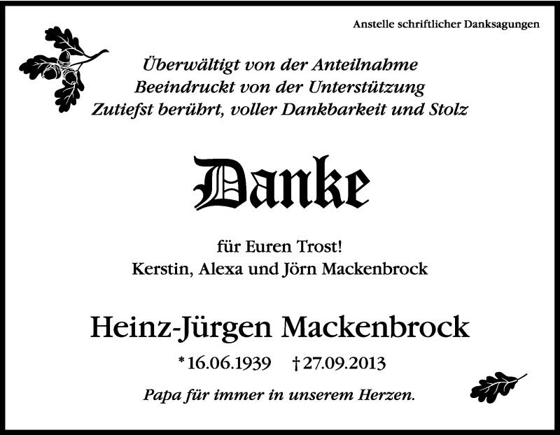  Traueranzeige für Heinz-Jürgen Mackenbrock vom 23.11.2013 aus Tageszeitung