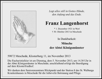 Traueranzeige von Franz Langenhorst von Tageszeitung