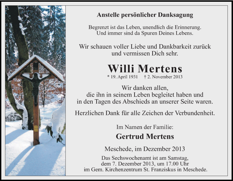  Traueranzeige für Willi Mertens vom 05.11.2013 aus Tageszeitung