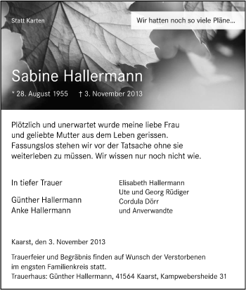 Traueranzeige von Sabine Hallermann von Tageszeitung