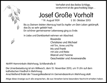 Traueranzeige von Josef Große Vorholt von Tageszeitung