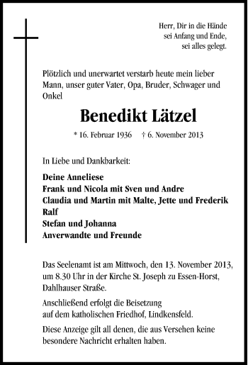 Traueranzeige von Benedikt Lätzel von Tageszeitung