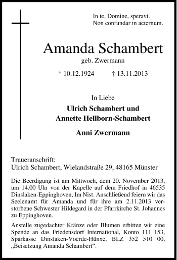 Traueranzeige von Amanda Schambert von Tageszeitung