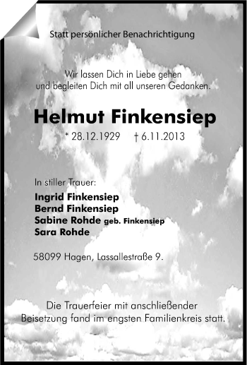 Traueranzeige von Helmut Finkensiep von Tageszeitung