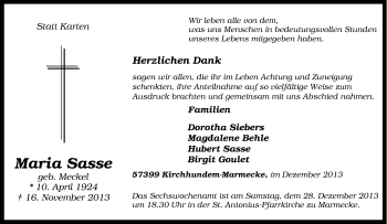 Traueranzeige von Maria Sasse von Tageszeitung