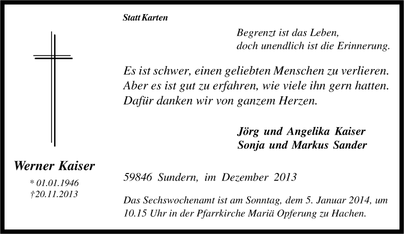  Traueranzeige für Werner Kaiser vom 22.11.2013 aus Tageszeitung